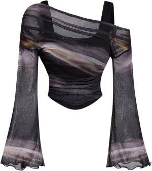 Verdusa Women's Y2k Off Shoulder Tops Tie Dye Mesh Long Flared Sleeve Ruched Crop Shirt Top