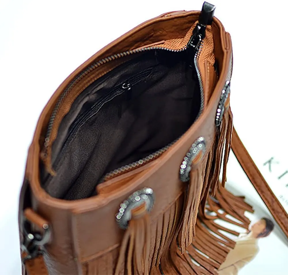 Vintage & Stylish Women Tassel Shoulder Bag PU Leather Bohemian Fringed Crossbody Shoulder Fringe bag (Black)