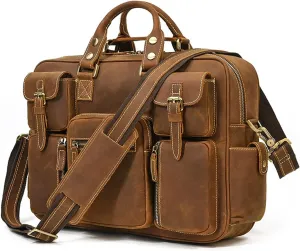Vintage Briefcase Men's Leather Tote Multi-pocket Travel Bag Top Leather Shoulder Bag Computer Bag