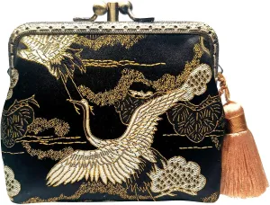 Vintage Brocade Buckle Coin Purse Kiss-lock Wallet for Women(crane tassels)