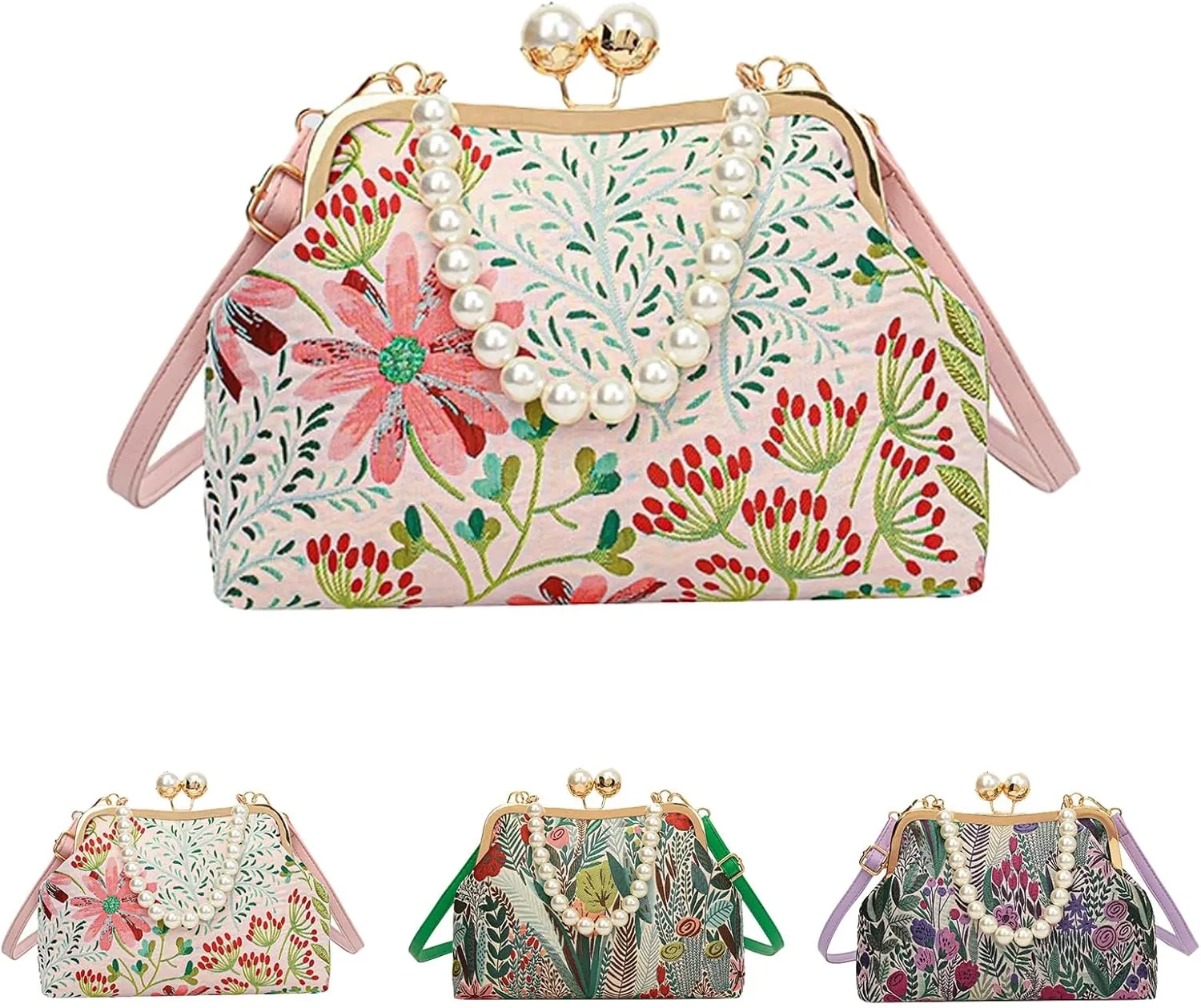 Vintage Embroidered Flower Handbag, Pearl Crossbody Bag With Kiss Lock, Flower Embroidery Rustic Shoulder Bag for Women