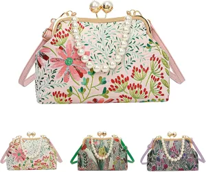 Vintage Embroidered Flower Handbag, Pearl Crossbody Bag With Kiss Lock, Flower Embroidery Rustic Shoulder Bag for Women