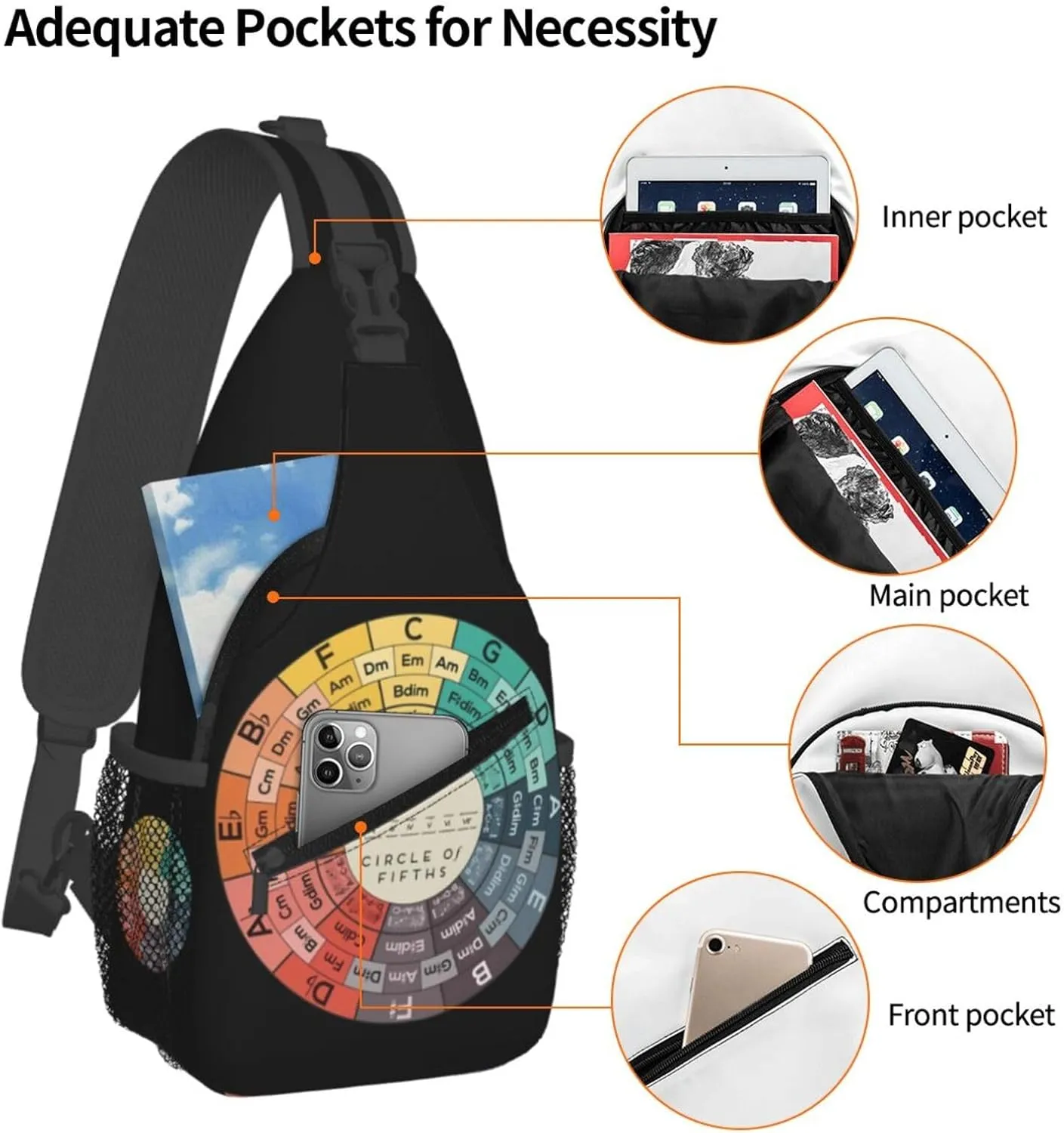 Vintage Fifths Music Circle Crossbody Bag Cross Chest Bag Adjustable Sling Backpack Sports Gym Shoulder Bags Travel Cycling Daypack Diagonally Casual Rucksack