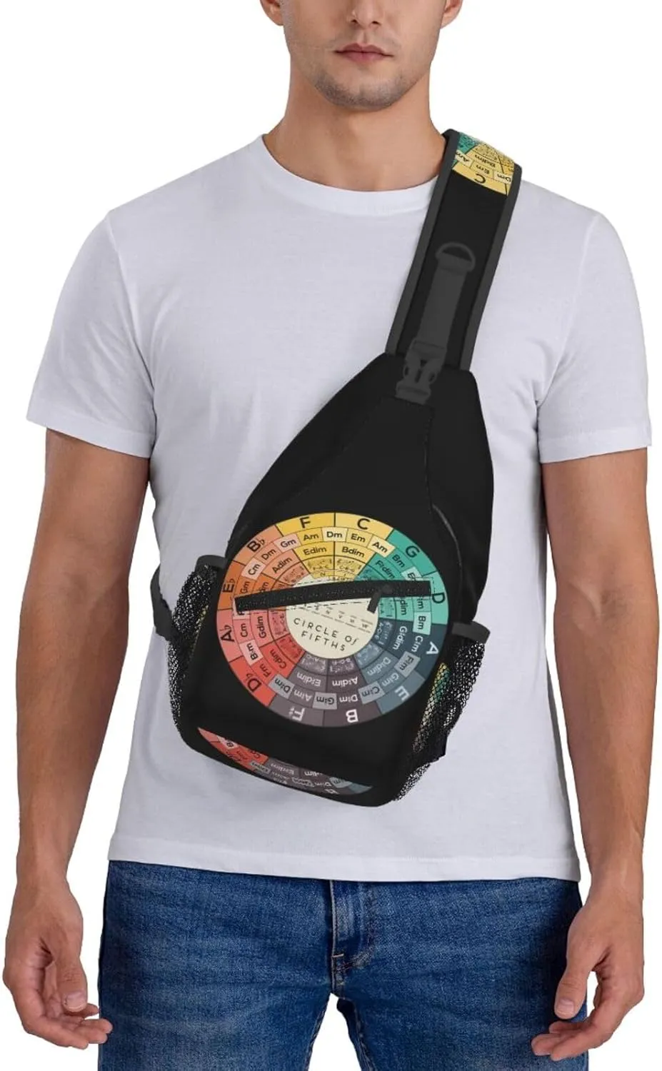 Vintage Fifths Music Circle Crossbody Bag Cross Chest Bag Adjustable Sling Backpack Sports Gym Shoulder Bags Travel Cycling Daypack Diagonally Casual Rucksack