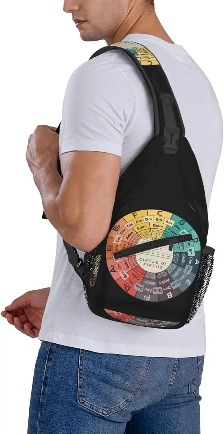 Vintage Fifths Music Circle Crossbody Bag Cross Chest Bag Adjustable Sling Backpack Sports Gym Shoulder Bags Travel Cycling Daypack Diagonally Casual Rucksack