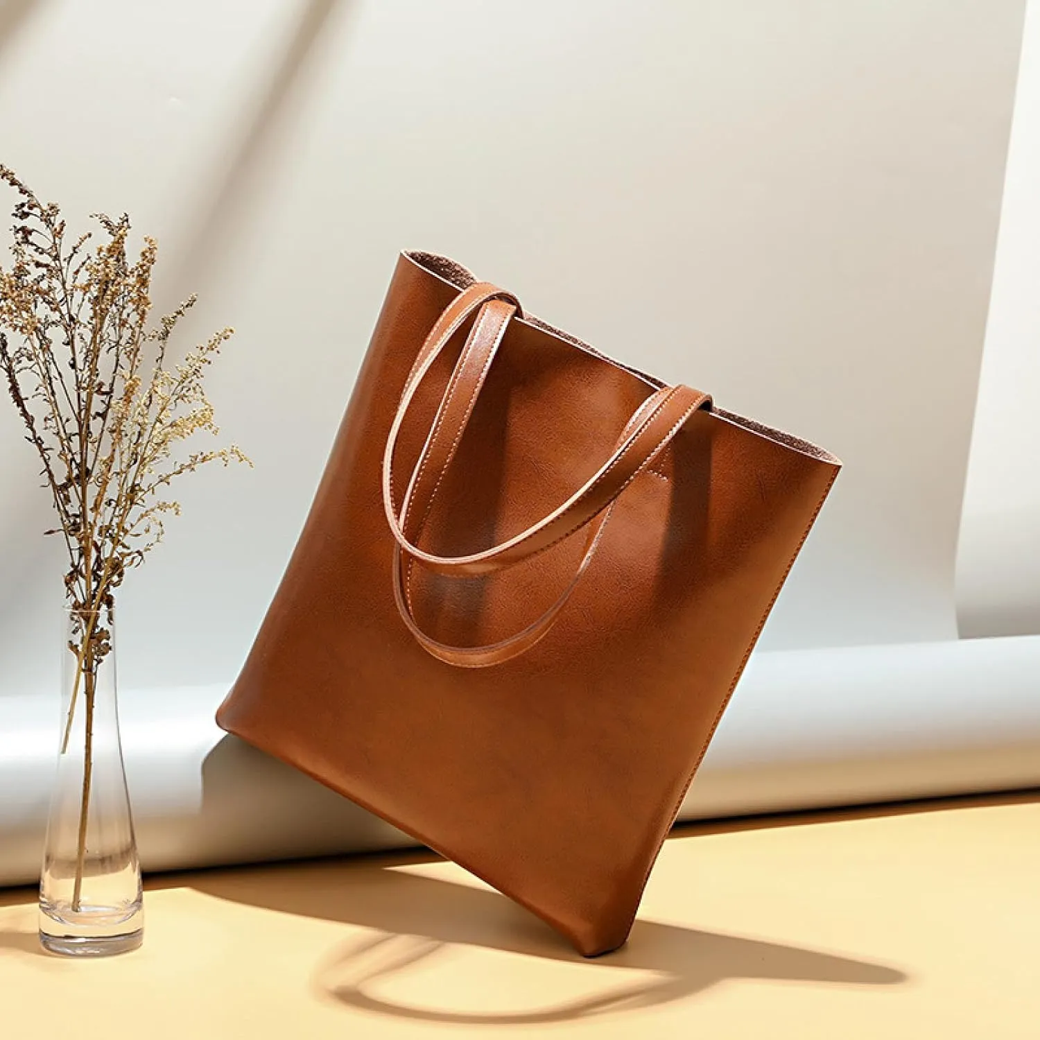Vintage Large Capacity Waxed Cowhide Vertical Shoulder Tote Bag | Premium Genuine Leather Versatile High-end Handbag