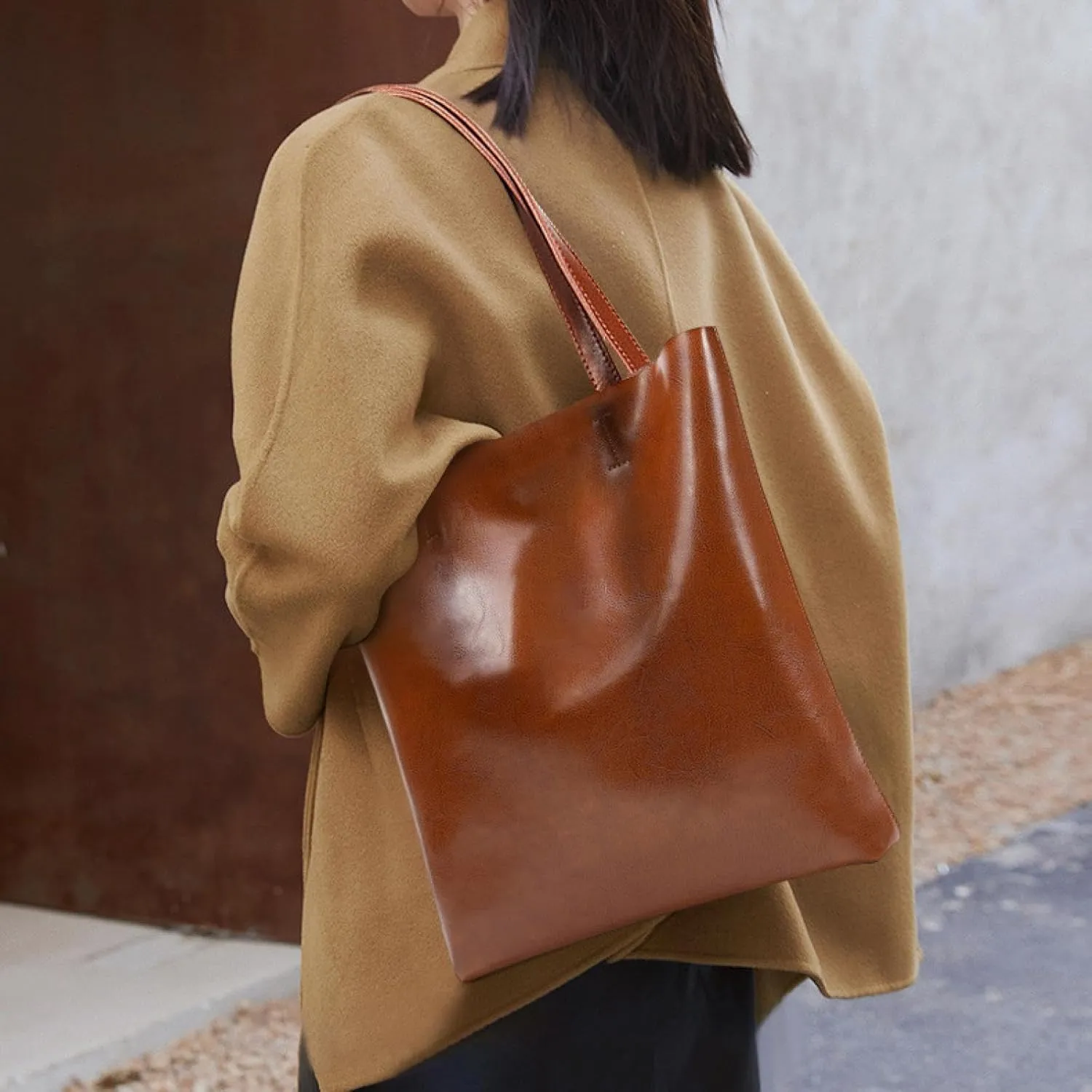 Vintage Large Capacity Waxed Cowhide Vertical Shoulder Tote Bag | Premium Genuine Leather Versatile High-end Handbag