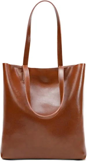 Vintage Large Capacity Waxed Cowhide Vertical Shoulder Tote Bag | Premium Genuine Leather Versatile High-end Handbag