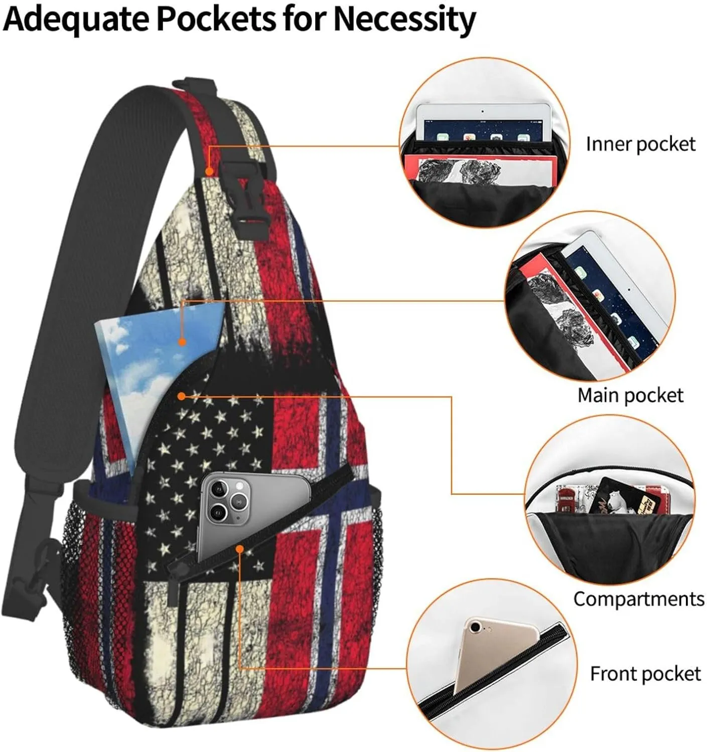 Vintage Norwegian American Flag Chest Sling Bag Crossbody Shoulder Backpack Bag Gym Cycling Daypack Travel Hiking Cross Bag