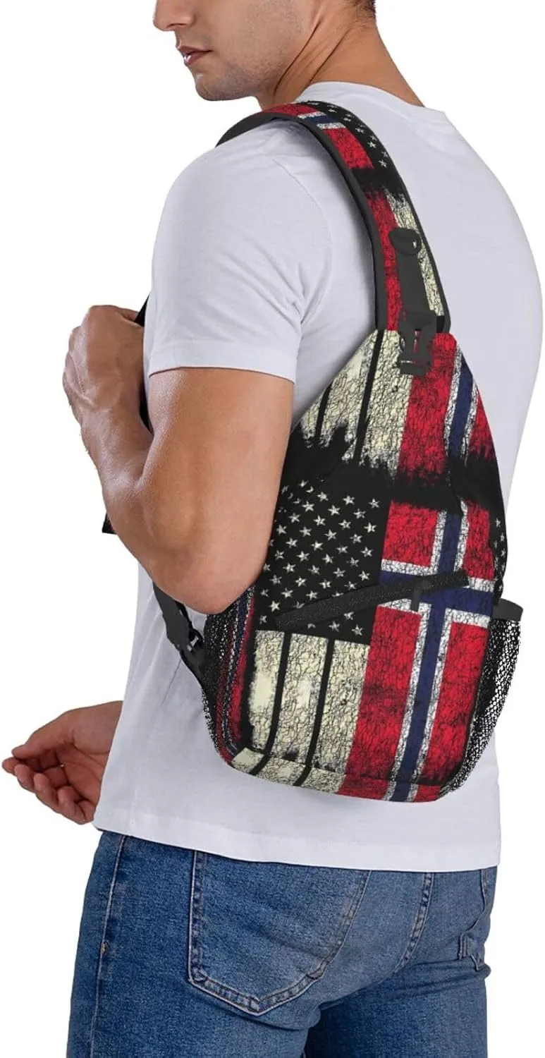 Vintage Norwegian American Flag Chest Sling Bag Crossbody Shoulder Backpack Bag Gym Cycling Daypack Travel Hiking Cross Bag