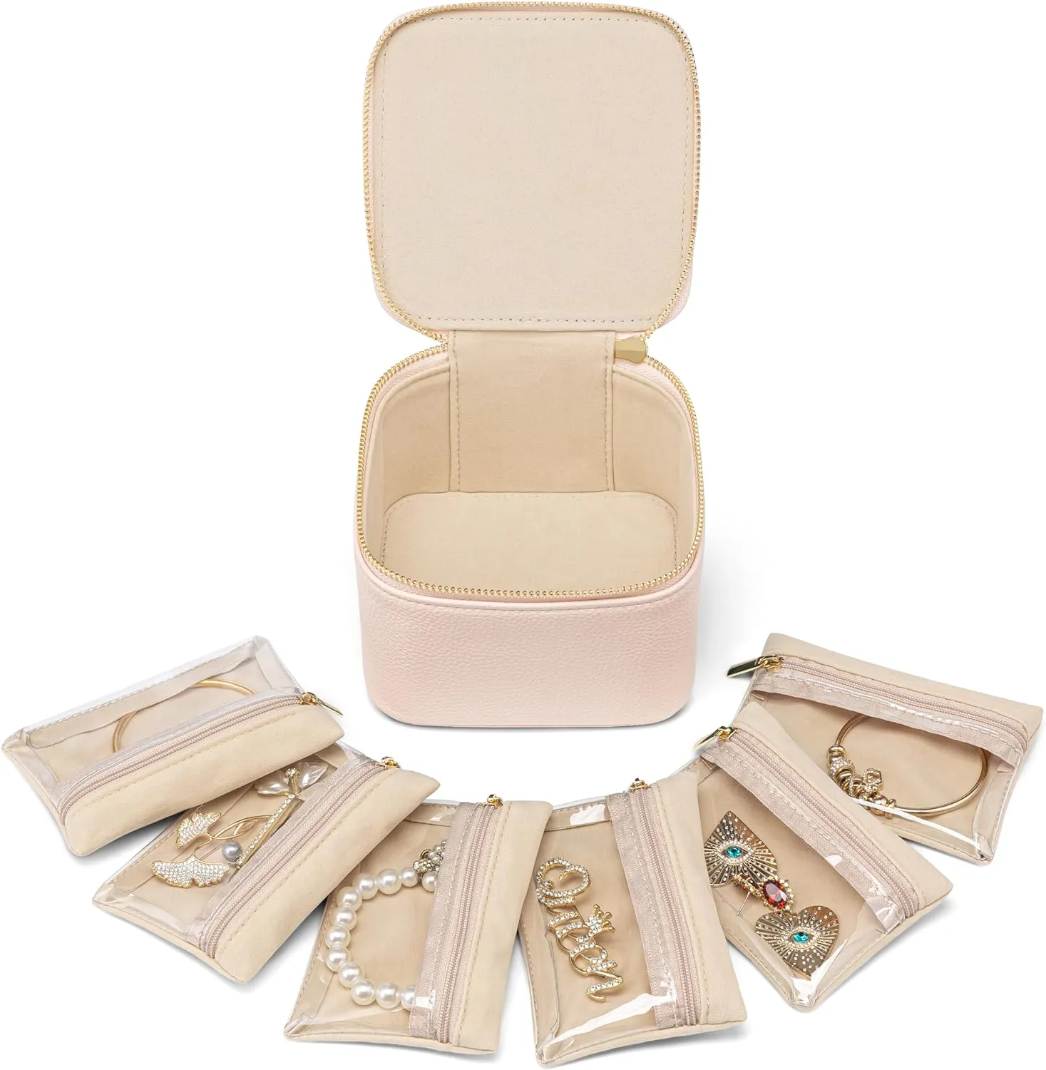 Vlando Travel Jewelry Case,Jewelry Organizer with 6 zipper velvet Jewelry bags for Women Girl,Wedding Birthday Gift Ideas for Women Earrings Rings Storage Gift Box Packaging Pink