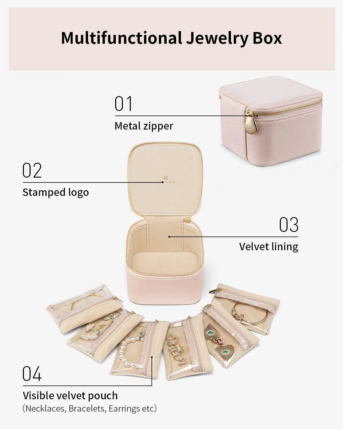 Vlando Travel Jewelry Case,Jewelry Organizer with 6 zipper velvet Jewelry bags for Women Girl,Wedding Birthday Gift Ideas for Women Earrings Rings Storage Gift Box Packaging Pink