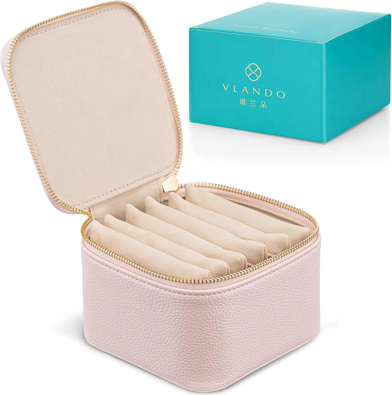 Vlando Travel Jewelry Case,Jewelry Organizer with 6 zipper velvet Jewelry bags for Women Girl,Wedding Birthday Gift Ideas for Women Earrings Rings Storage Gift Box Packaging Pink