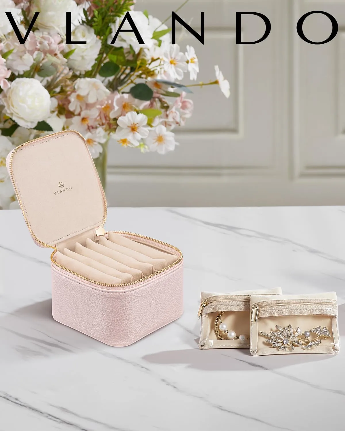 Vlando Travel Jewelry Case,Jewelry Organizer with 6 zipper velvet Jewelry bags for Women Girl,Wedding Birthday Gift Ideas for Women Earrings Rings Storage Gift Box Packaging Pink