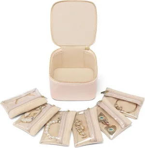 Vlando Travel Jewelry Case,Jewelry Organizer with 6 zipper velvet Jewelry bags for Women Girl,Wedding Birthday Gift Ideas for Women Earrings Rings Storage Gift Box Packaging Pink