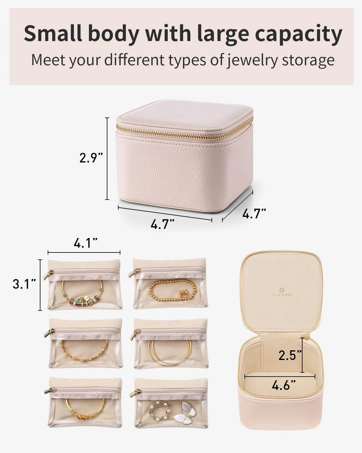 Vlando Travel Jewelry Case,Jewelry Organizer with 6 zipper velvet Jewelry bags for Women Girl,Wedding Birthday Gift Ideas for Women Earrings Rings Storage Gift Box Packaging Pink