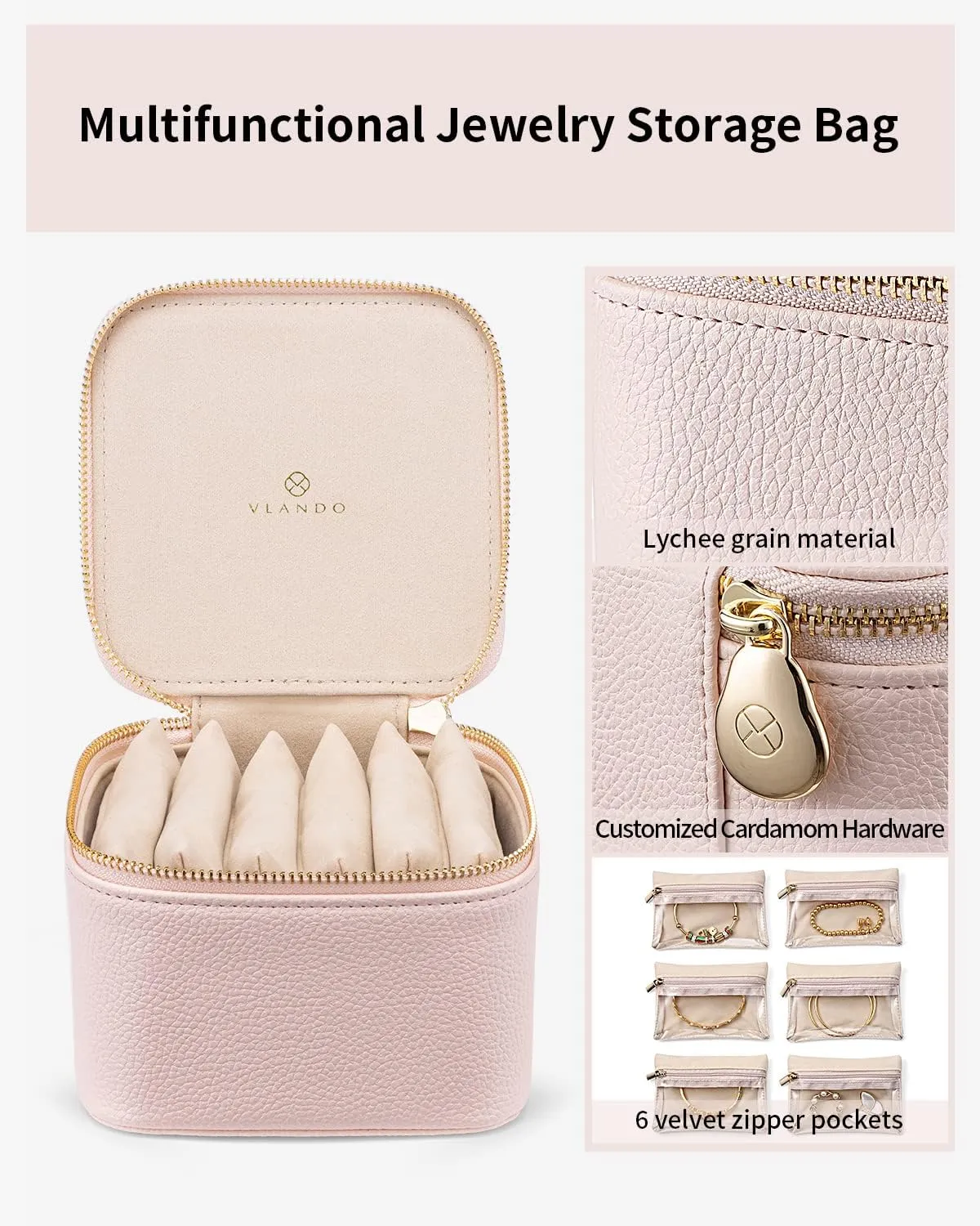 Vlando Travel Jewelry Case,Jewelry Organizer with 6 zipper velvet Jewelry bags for Women Girl,Wedding Birthday Gift Ideas for Women Earrings Rings Storage Gift Box Packaging Pink