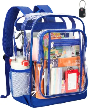 Vorspack Clear Backpack Heavy Duty - Extra Large Clear Backpacks with TSA Lock Transparent See Through Bookbag for School, Work, College, Travel - Blue