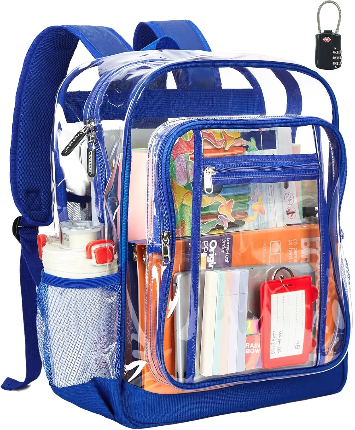 Vorspack Clear Backpack Heavy Duty - Extra Large Clear Backpacks with TSA Lock Transparent See Through Bookbag for School, Work, College, Travel - Blue