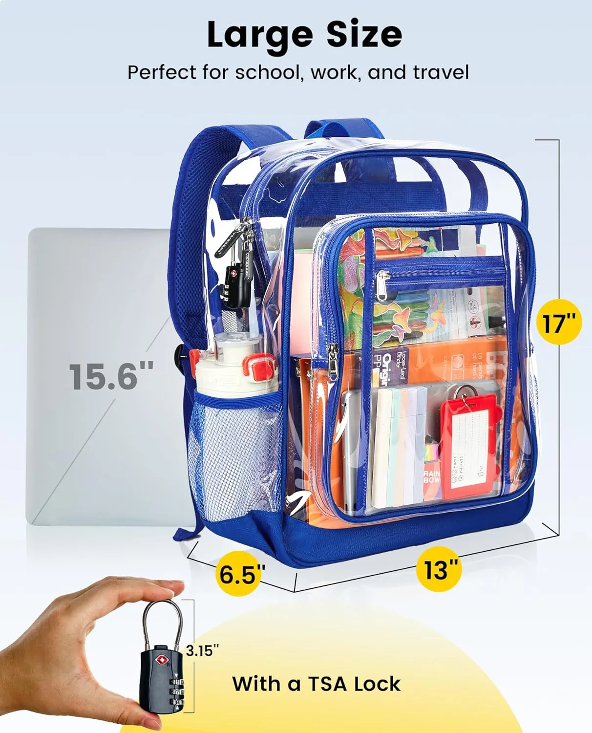 Vorspack Clear Backpack Heavy Duty - Extra Large Clear Backpacks with TSA Lock Transparent See Through Bookbag for School, Work, College, Travel - Blue