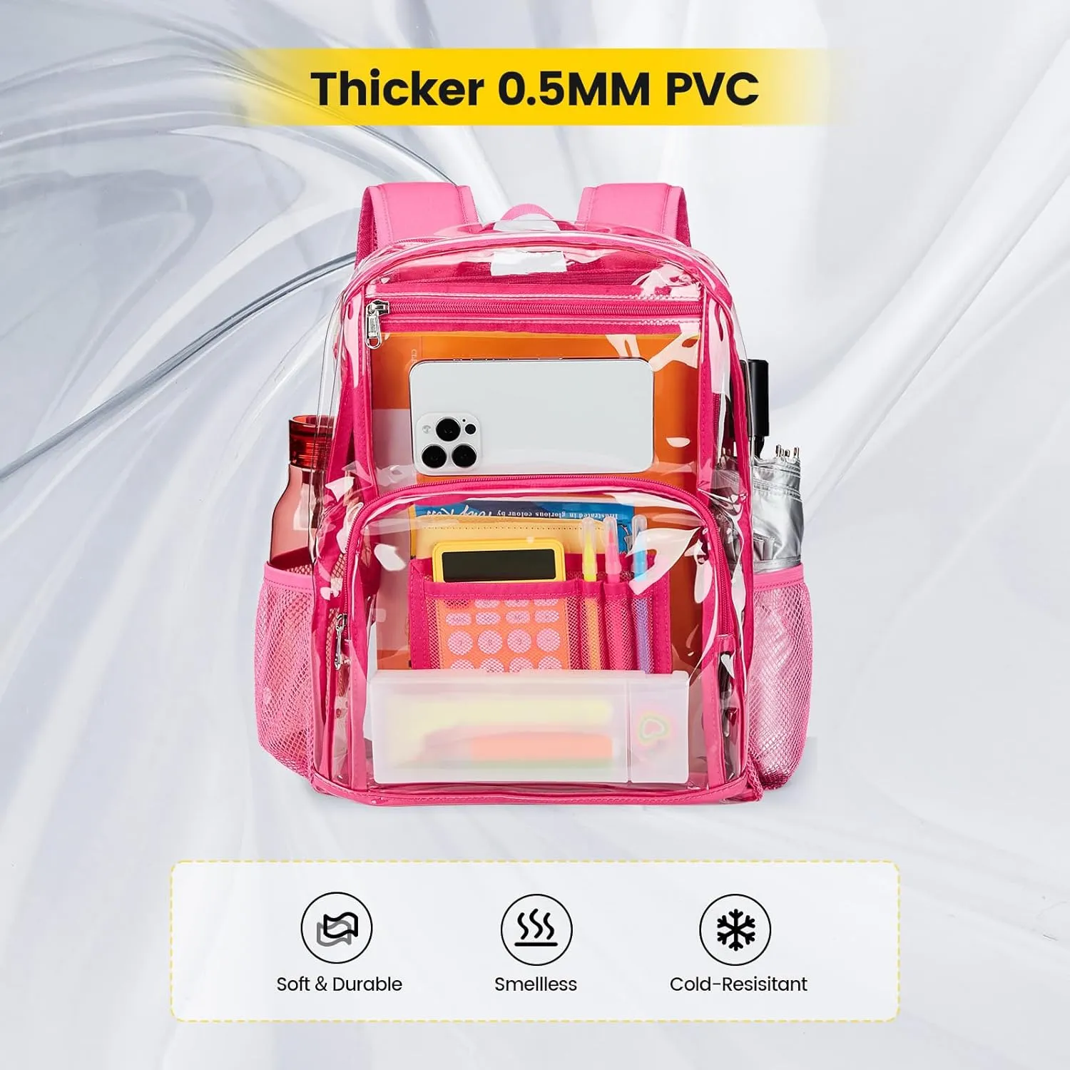 Vorspack Clear Backpack Heavy Duty - Large Transparent Bookbag for Adults, See Through Backpack for College, Work, Travel - Pink