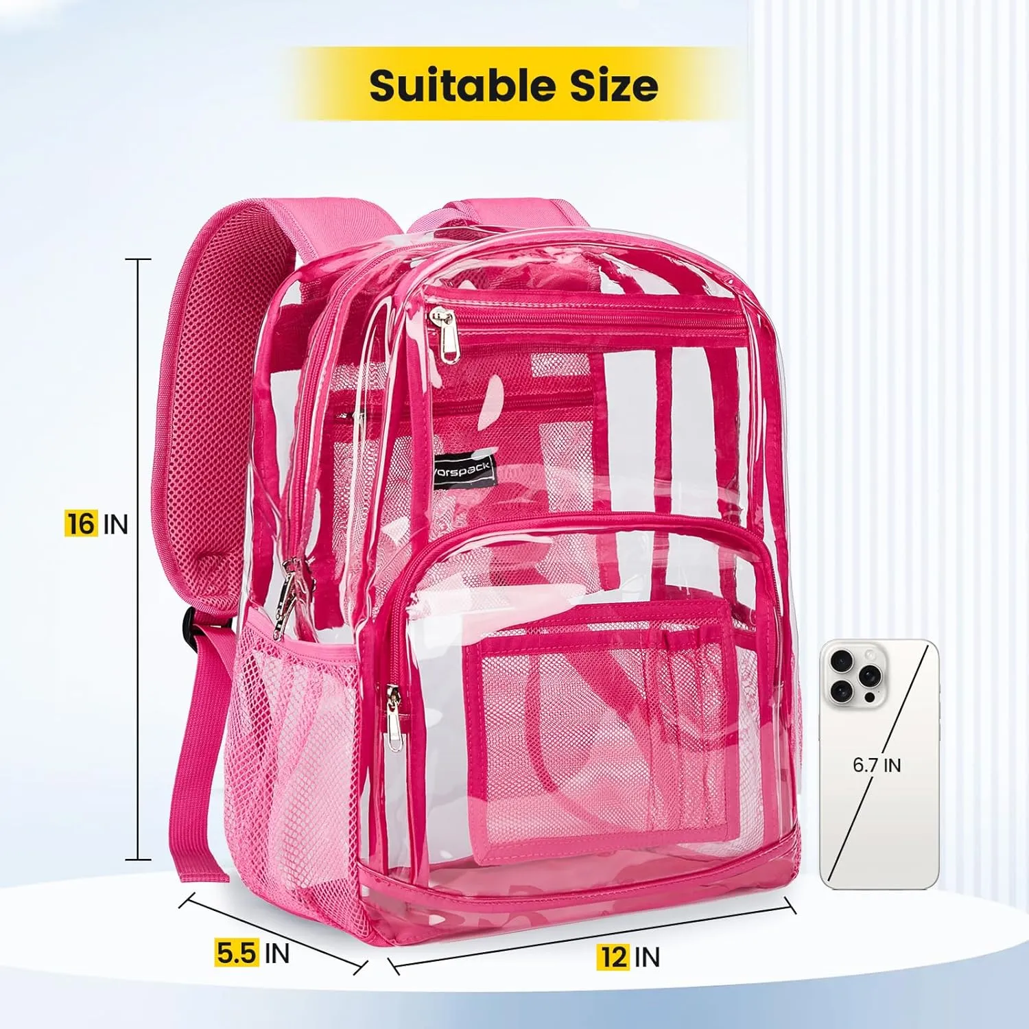 Vorspack Clear Backpack Heavy Duty - Large Transparent Bookbag for Adults, See Through Backpack for College, Work, Travel - Pink