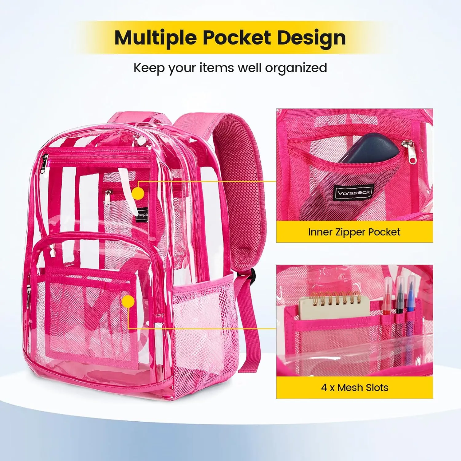 Vorspack Clear Backpack Heavy Duty - Large Transparent Bookbag for Adults, See Through Backpack for College, Work, Travel - Pink