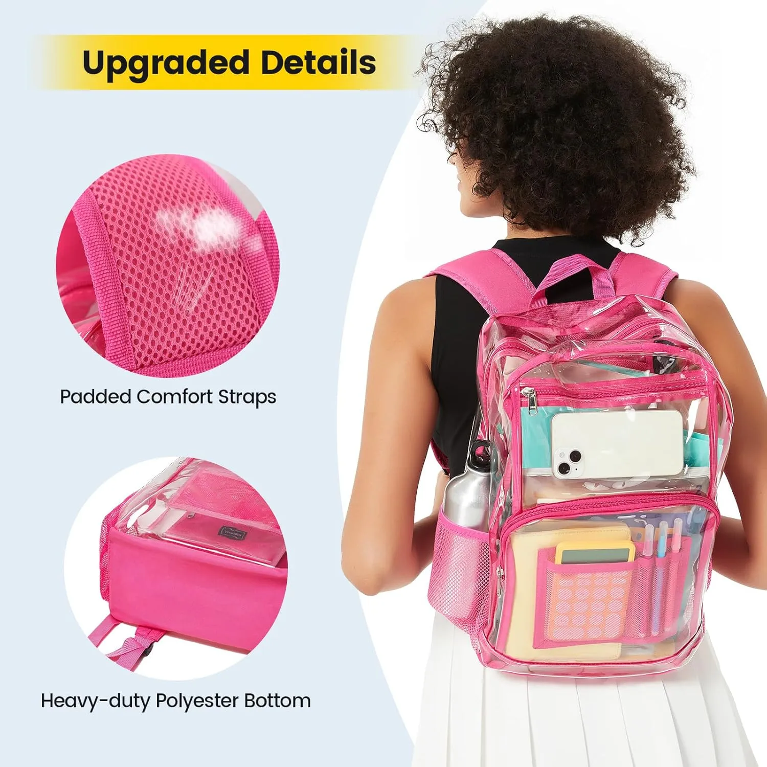 Vorspack Clear Backpack Heavy Duty - Large Transparent Bookbag for Adults, See Through Backpack for College, Work, Travel - Pink
