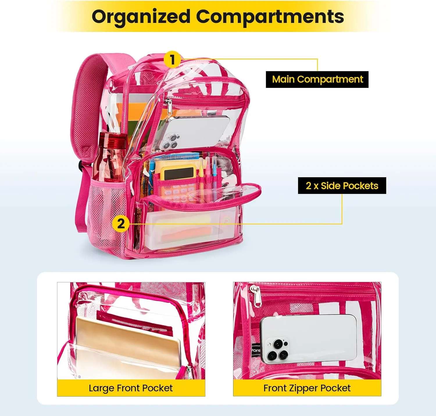 Vorspack Clear Backpack Heavy Duty - Large Transparent Bookbag for Adults, See Through Backpack for College, Work, Travel - Pink