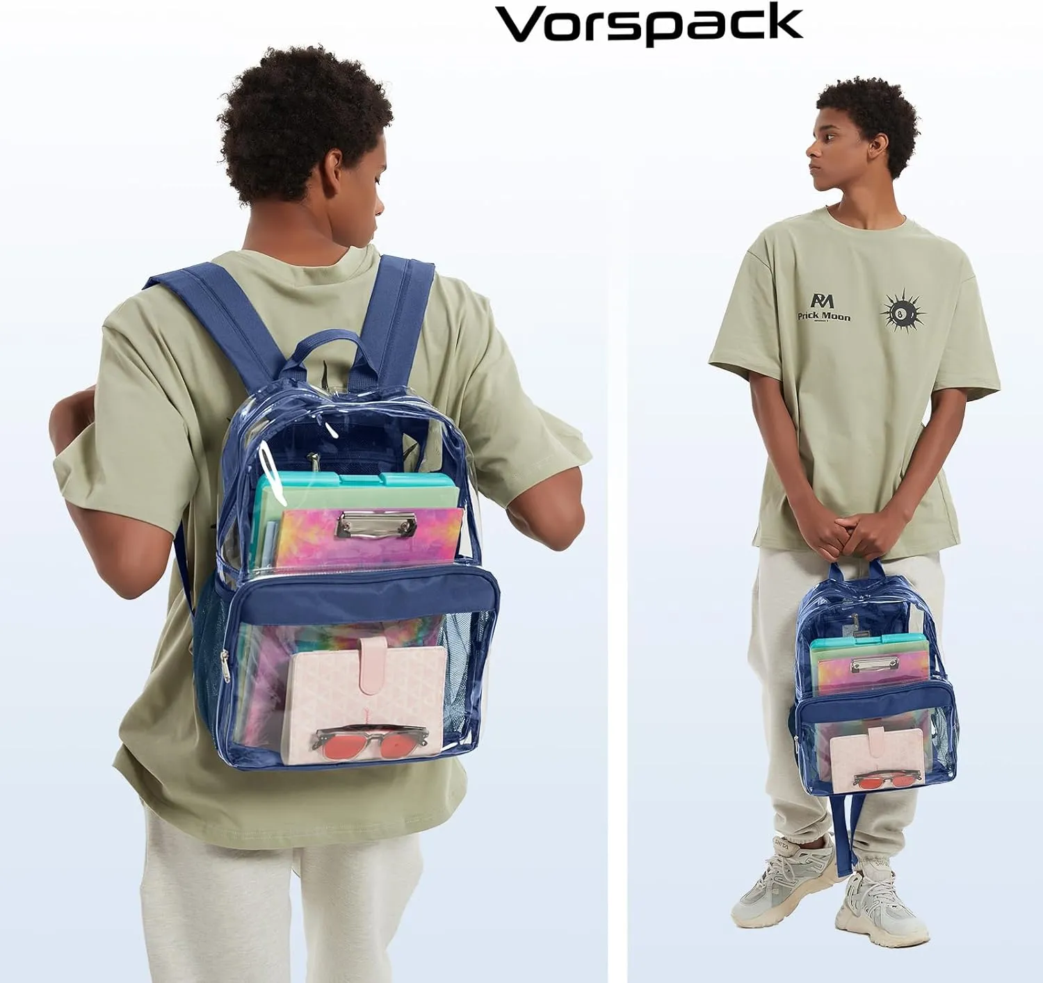 Vorspack Clear Backpack Heavy Duty - PVC Clear Book Bag with Inner Pocket Transparent Backpack for College Workplace Security - Navy Blue