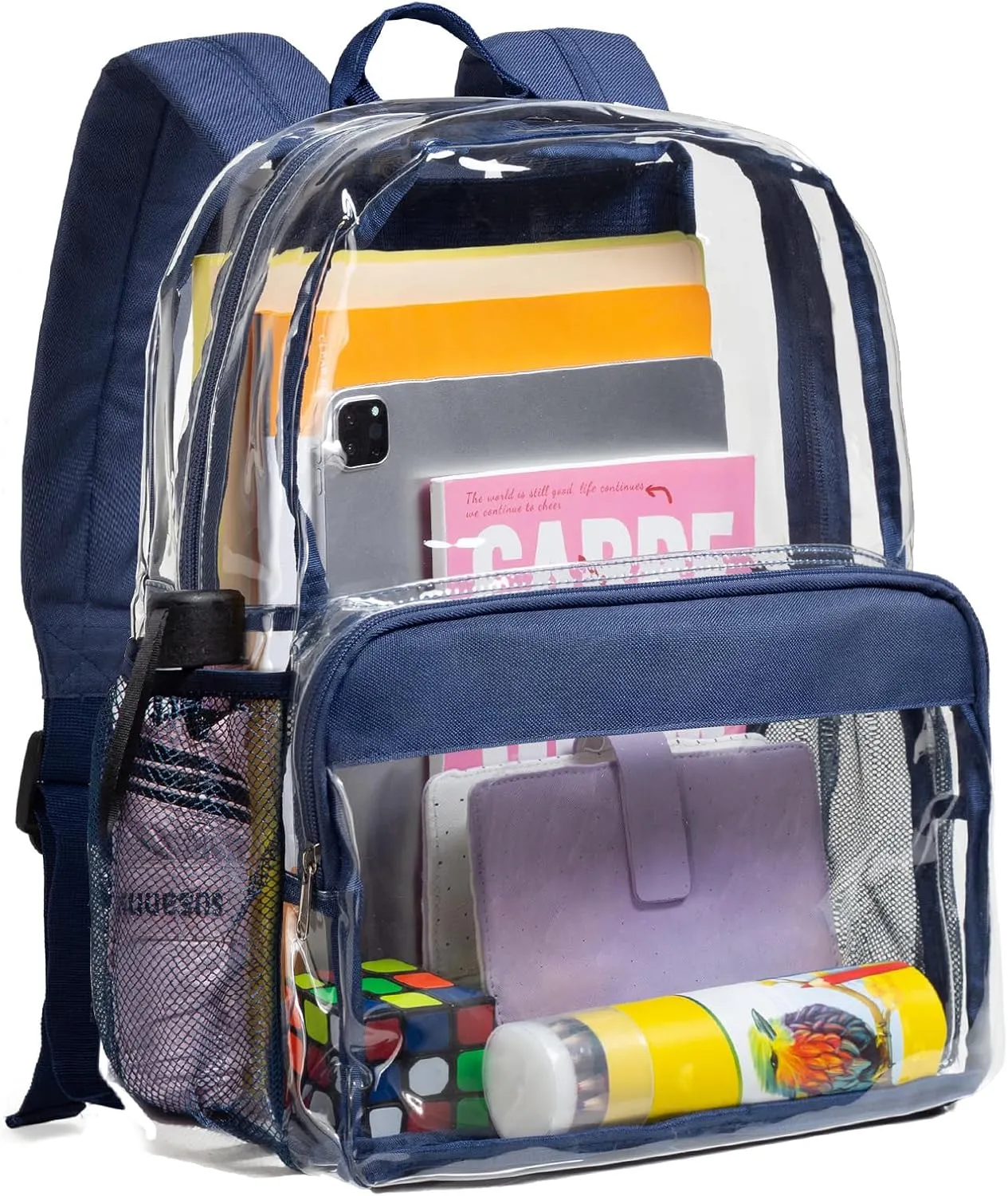 Vorspack Clear Backpack Heavy Duty - PVC Clear Book Bag with Inner Pocket Transparent Backpack for College Workplace Security - Navy Blue