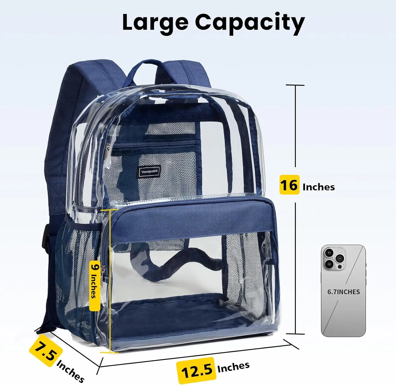 Vorspack Clear Backpack Heavy Duty - PVC Clear Book Bag with Inner Pocket Transparent Backpack for College Workplace Security - Navy Blue