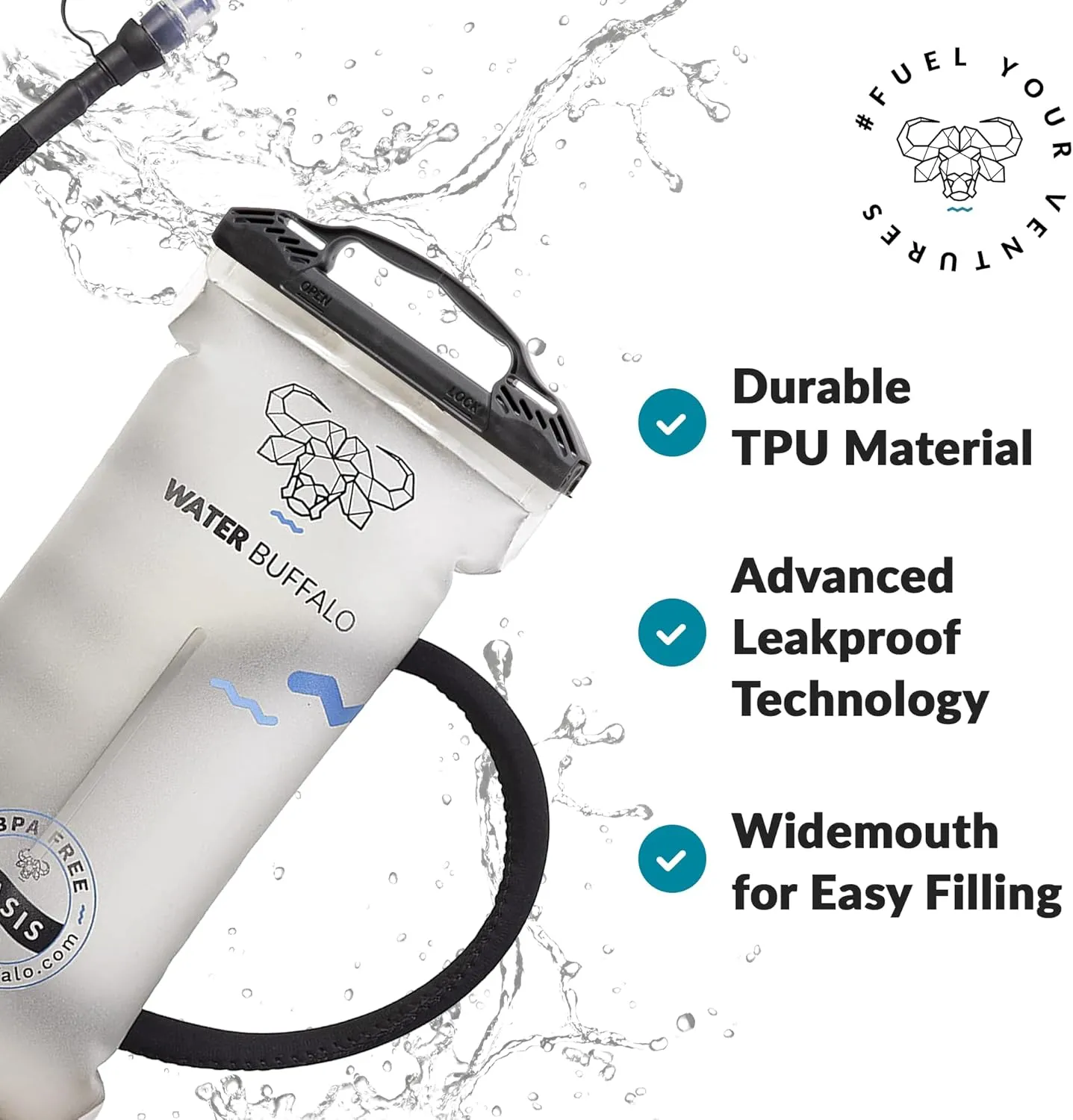 Water Buffalo Oasis Hydration Bladder – 3L Water Bladder for Hiking Backpack, Leakproof Design with Insulated Hose & High-Flow Bite Valve