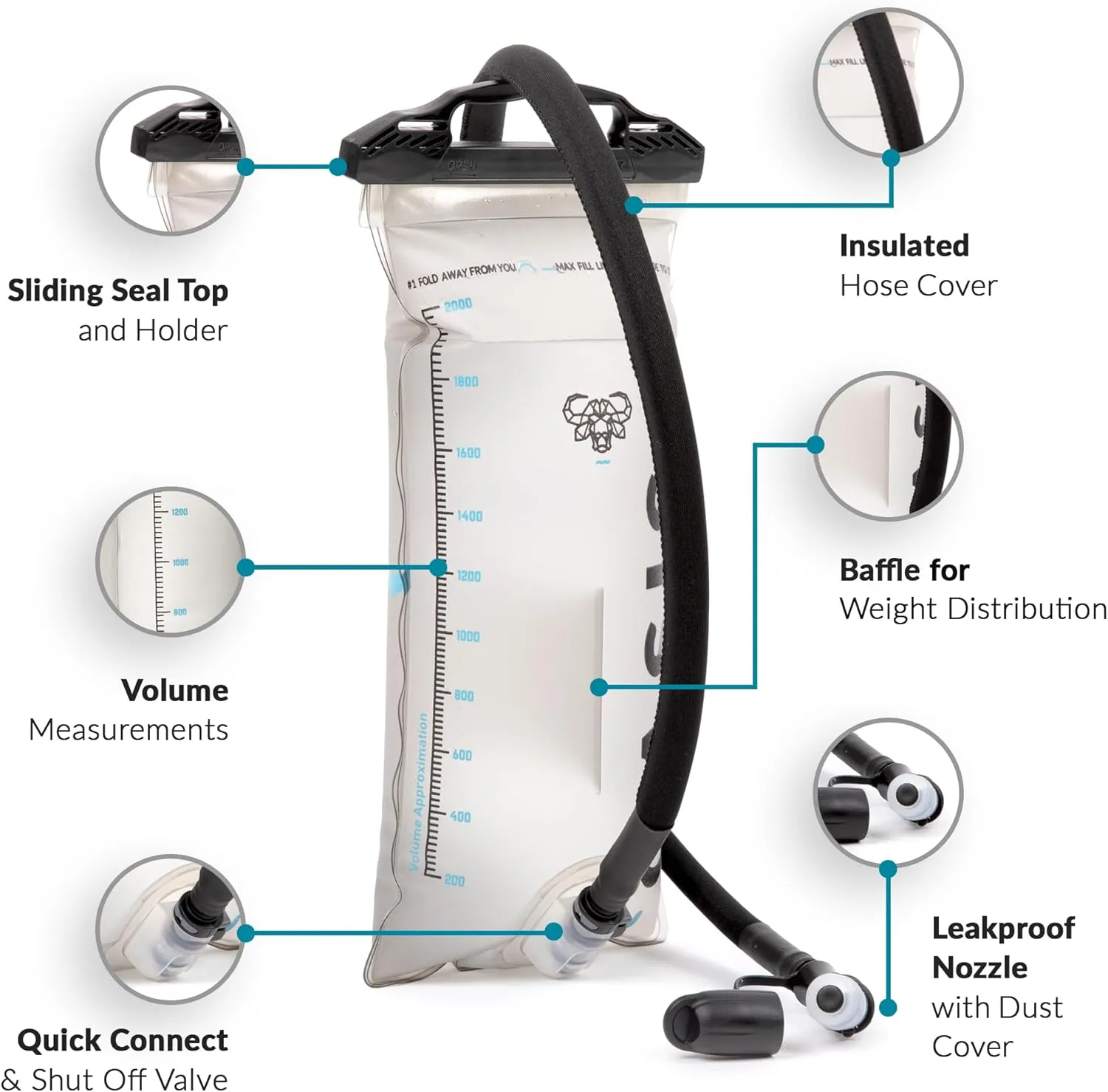 Water Buffalo Oasis Hydration Bladder – 3L Water Bladder for Hiking Backpack, Leakproof Design with Insulated Hose & High-Flow Bite Valve