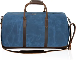 Waxed Canvas Weekender Duffle Bag, Vintage Style Travel Bag with Leather Trim, Army Green (Blue)