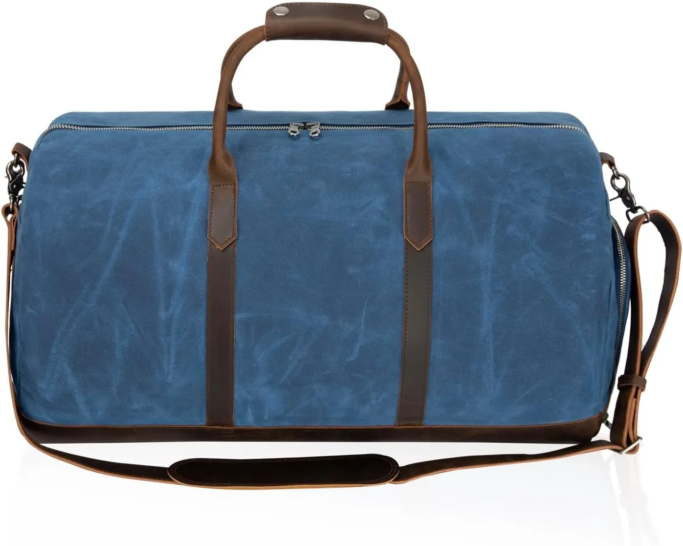 Waxed Canvas Weekender Duffle Bag, Vintage Style Travel Bag with Leather Trim, Army Green (Blue)