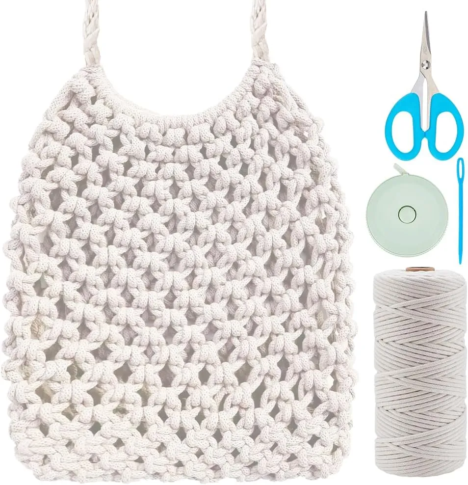 WEBEEDY DIY Macrame Bag Kits Cotton Cord Net Shoulder Bag Making Kit with 3mmx109 Yards Braided Cotton Cord and Video Tutorial,Macrame Crossbody Bag Macrame Purse Kit Women Summer Holiday Beach Decor