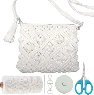 WEBEEDY DIY Macrame Bag Making Kit for Adults Beginners White Boho Cross Body Bag Kit with 109 Yards 3mm Macrame Cord, Video Tutorials, Handmade Purse Making for Holiday Birthday Gift Beach Decor