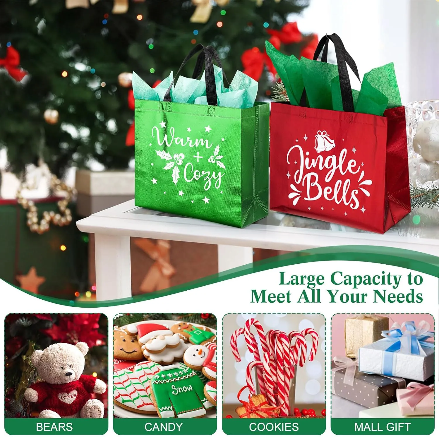 Wesnoy 24 Pieces Christmas Gift Bags with Tissues Metallic Shiny Goodie Bags Reusable Non Woven Gift Bag for Gifts Wrapping, Xmas Gifts Holiday Party Supplies(Multicolor,13 x 5 x 11 Inch)