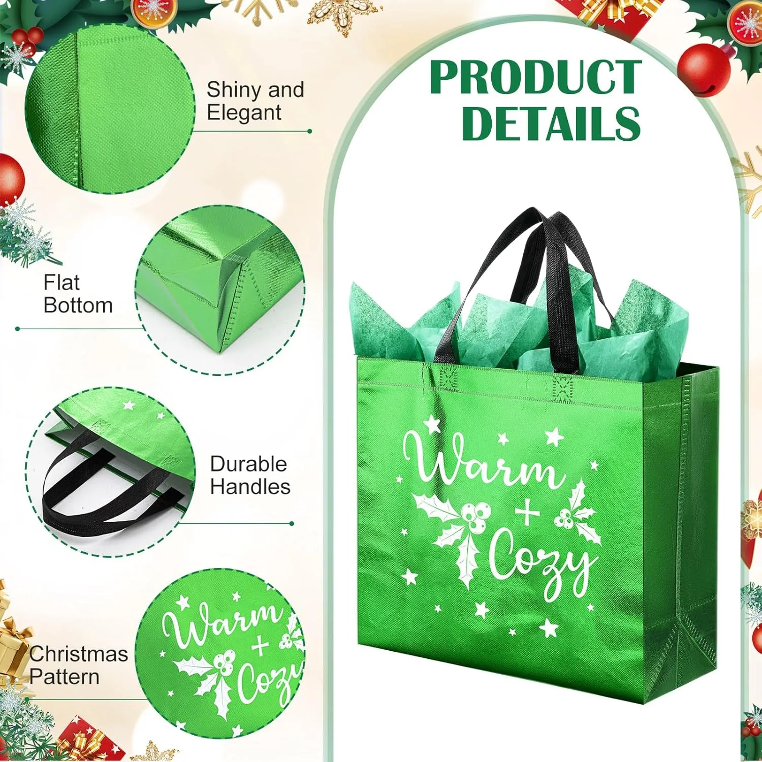 Wesnoy 24 Pieces Christmas Gift Bags with Tissues Metallic Shiny Goodie Bags Reusable Non Woven Gift Bag for Gifts Wrapping, Xmas Gifts Holiday Party Supplies(Multicolor,13 x 5 x 11 Inch)