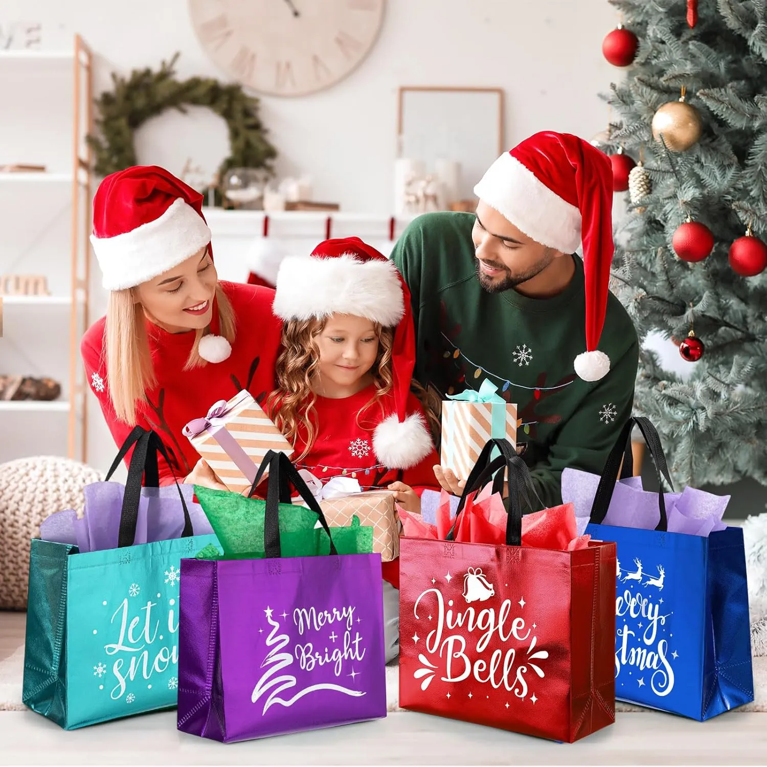 Wesnoy 24 Pieces Christmas Gift Bags with Tissues Metallic Shiny Goodie Bags Reusable Non Woven Gift Bag for Gifts Wrapping, Xmas Gifts Holiday Party Supplies(Multicolor,13 x 5 x 11 Inch)