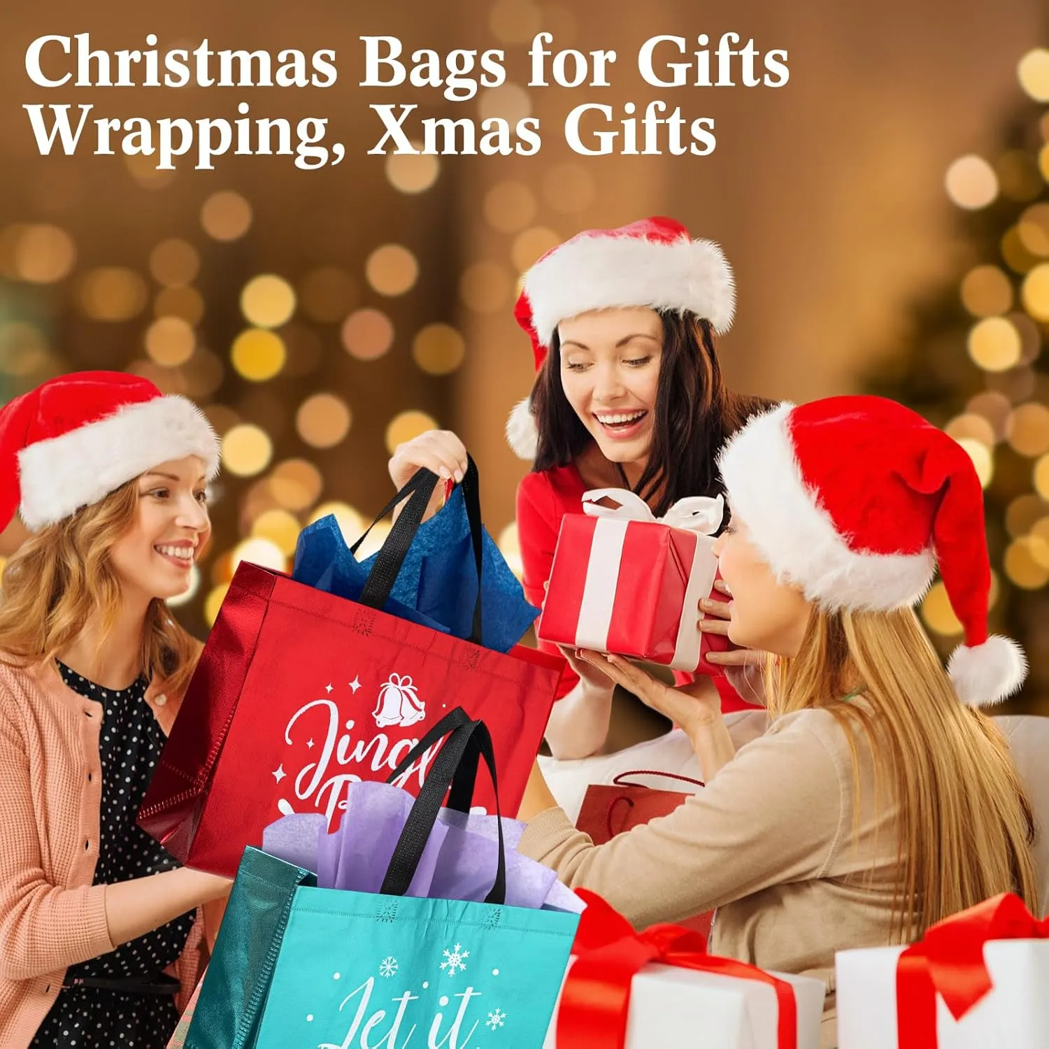Wesnoy 24 Pieces Christmas Gift Bags with Tissues Metallic Shiny Goodie Bags Reusable Non Woven Gift Bag for Gifts Wrapping, Xmas Gifts Holiday Party Supplies(Multicolor,13 x 5 x 11 Inch)