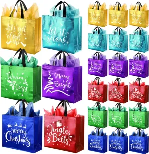 Wesnoy 24 Pieces Christmas Gift Bags with Tissues Metallic Shiny Goodie Bags Reusable Non Woven Gift Bag for Gifts Wrapping, Xmas Gifts Holiday Party Supplies(Multicolor,13 x 5 x 11 Inch)