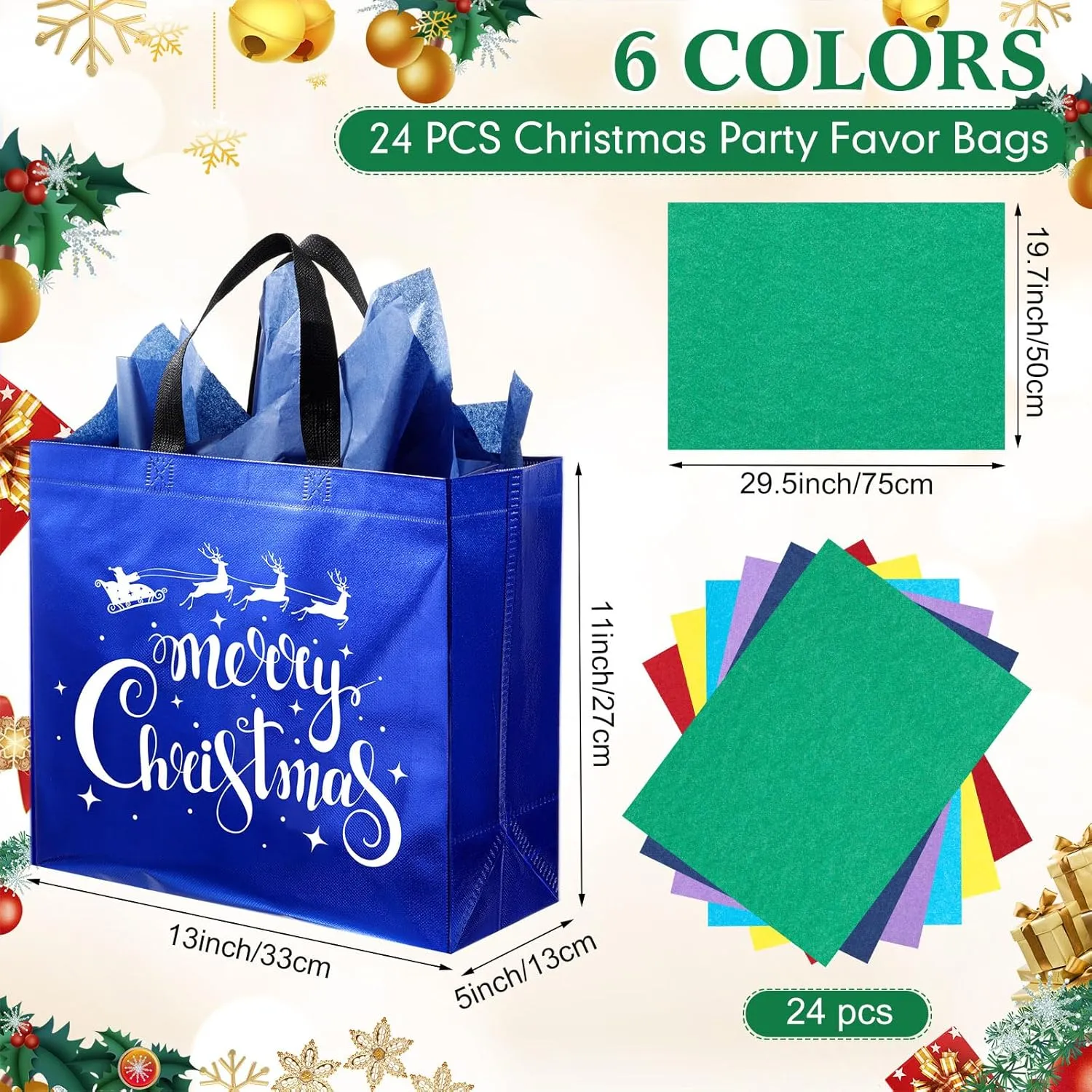 Wesnoy 24 Pieces Christmas Gift Bags with Tissues Metallic Shiny Goodie Bags Reusable Non Woven Gift Bag for Gifts Wrapping, Xmas Gifts Holiday Party Supplies(Multicolor,13 x 5 x 11 Inch)
