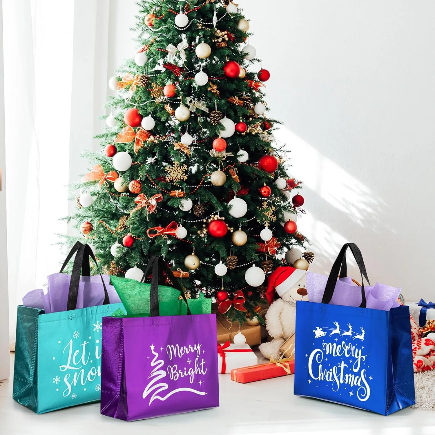 Wesnoy 24 Pieces Christmas Gift Bags with Tissues Metallic Shiny Goodie Bags Reusable Non Woven Gift Bag for Gifts Wrapping, Xmas Gifts Holiday Party Supplies(Multicolor,13 x 5 x 11 Inch)