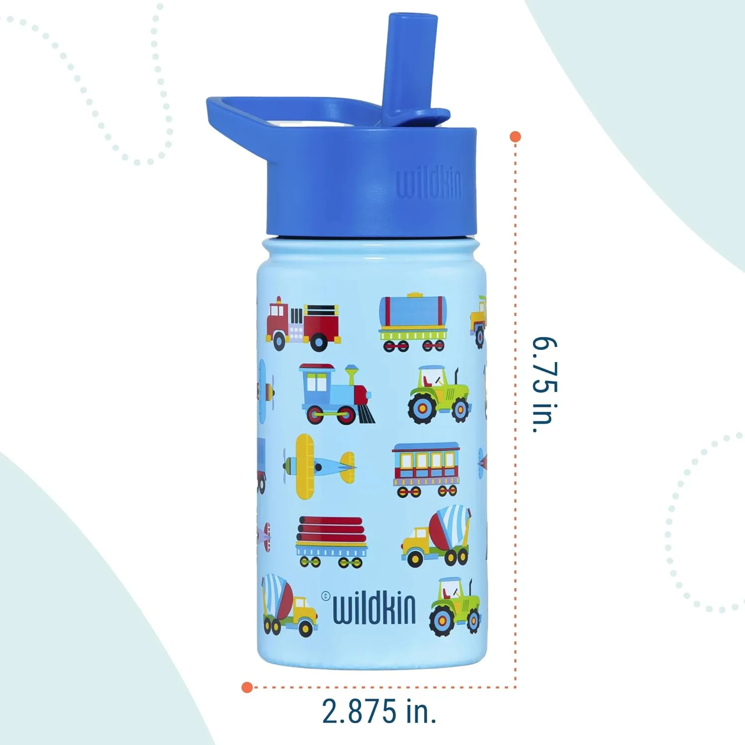 Wildkin Kids 14oz Stainless Steel Water Bottle – BPA-Free, Leakproof, Insulated, Easy-Clean - Trains, Planes & Trucks