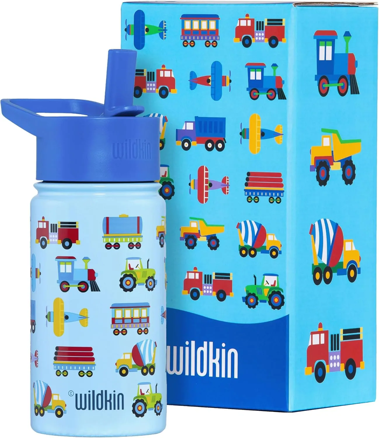 Wildkin Kids 14oz Stainless Steel Water Bottle – BPA-Free, Leakproof, Insulated, Easy-Clean - Trains, Planes & Trucks