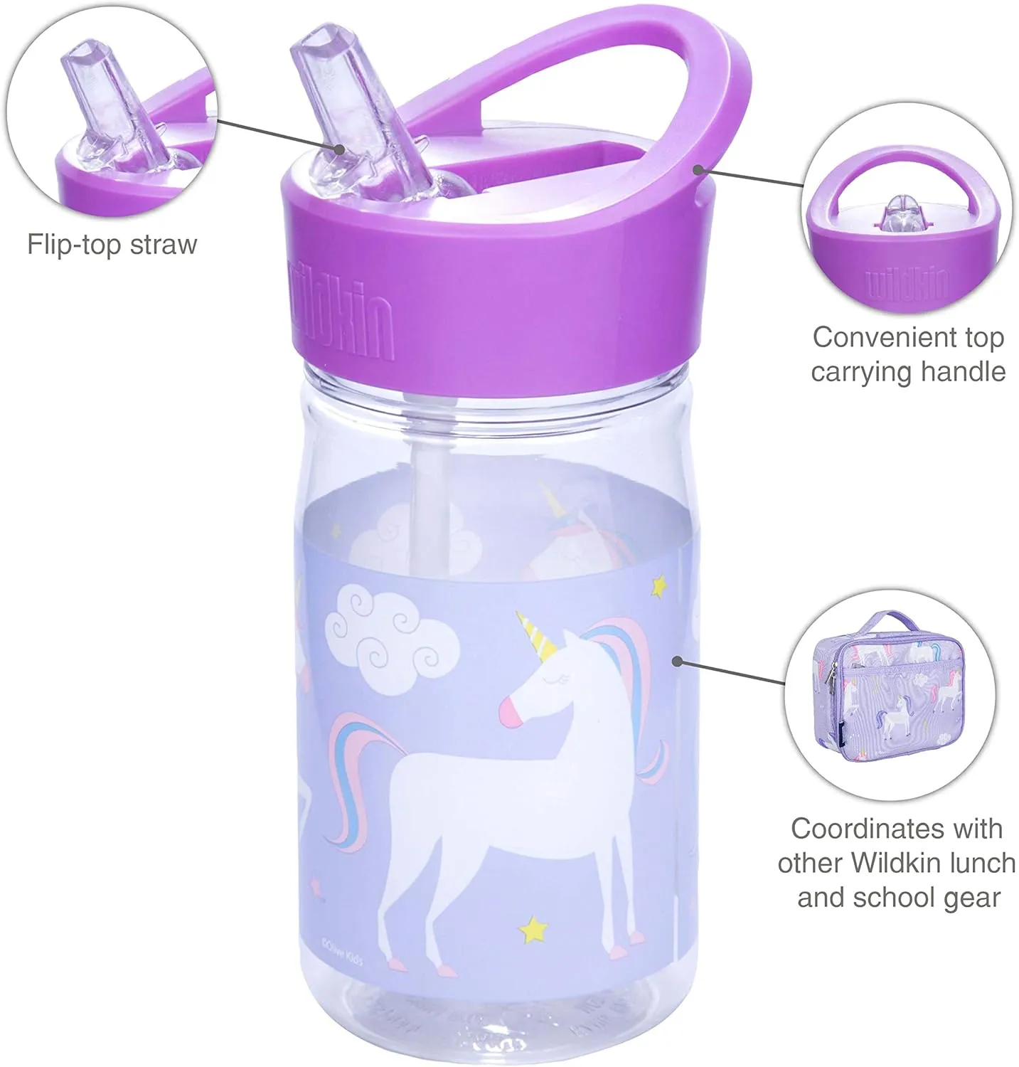 Wildkin Kids Reusable 16 Ounce Water Bottle for Boys and Girls, Features Straw Top and Carrying Handle, Ideal Size for School or Travel, Easy to Clean (Unicorn)