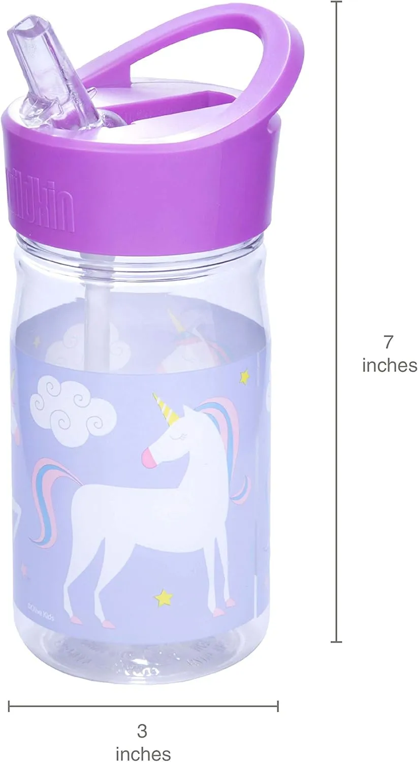 Wildkin Kids Reusable 16 Ounce Water Bottle for Boys and Girls, Features Straw Top and Carrying Handle, Ideal Size for School or Travel, Easy to Clean (Unicorn)