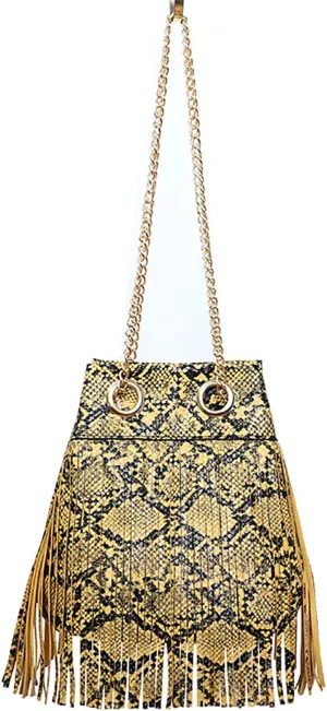 Women Bucket Handbag Snakeskin Tassel PU Leather Chain Crossbody Bag (Yellow)